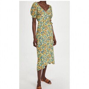 L Space Talia Puff Sleeve Ruffle Trim Tie Midi Wrap Dress Boho Peasant Medium